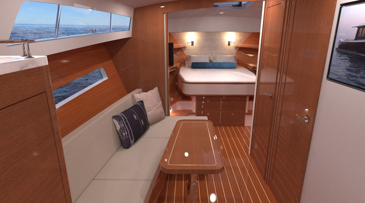 The unique design here, by opening up the forward doors, creates one spacious area. The first large door to starboard gets you into the queen berth while the one closest to the bow leads to the head. MJM 42 salon opening to master